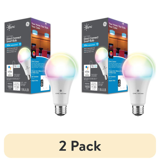 (2 pack) GE Cync A21 Smart LED Light Bulb, Color Changing Indoor Decor Lights, 100 Watts, Medium Base, 1pk