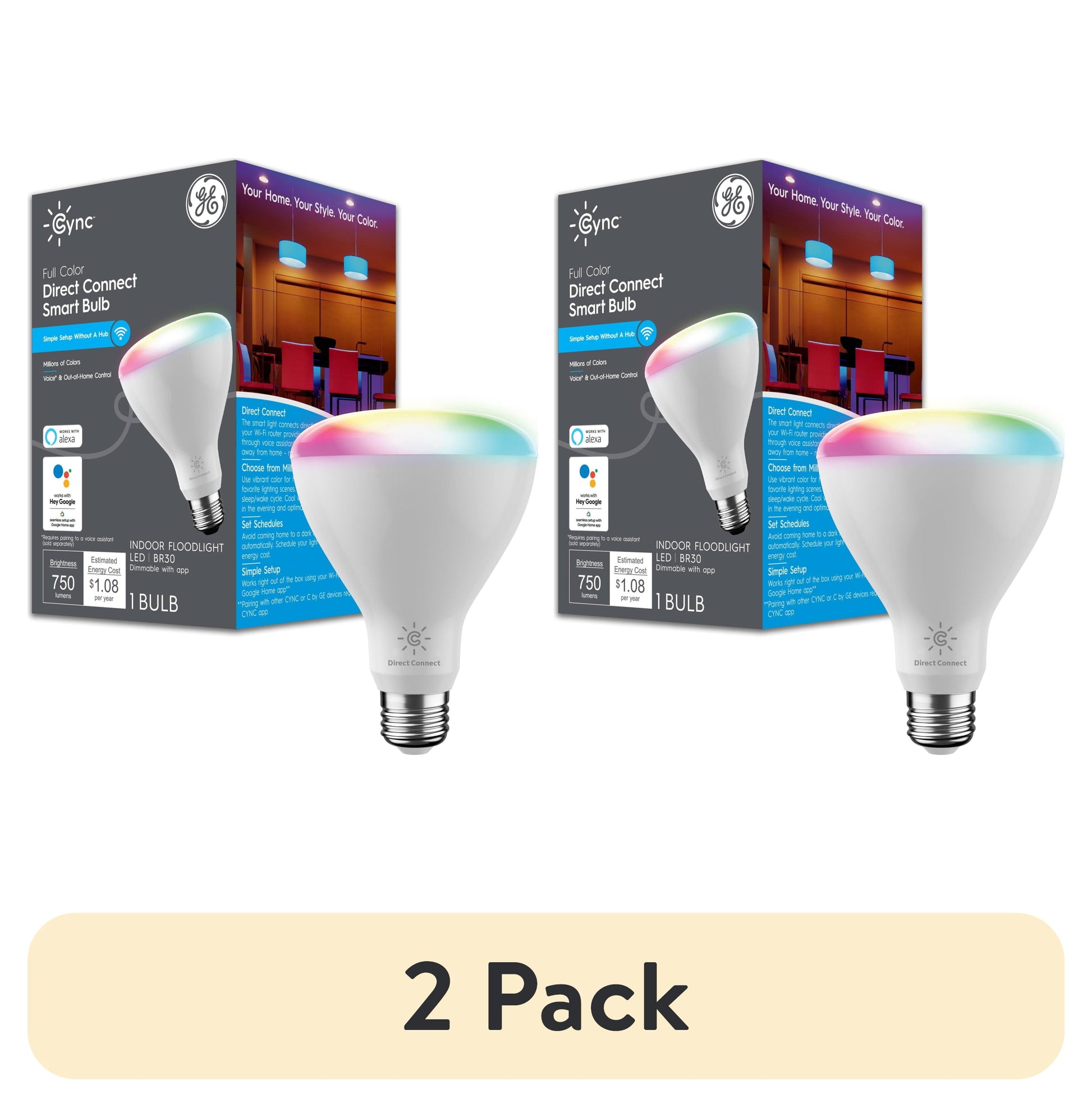 (2 pack) GE CYNC Direct Connect Full Color Smart LED Light Bulbs, Color Changing, Works with Alexa and Google Assistant, Bluetooth and Wi-Fi Enabled (1 Pack)