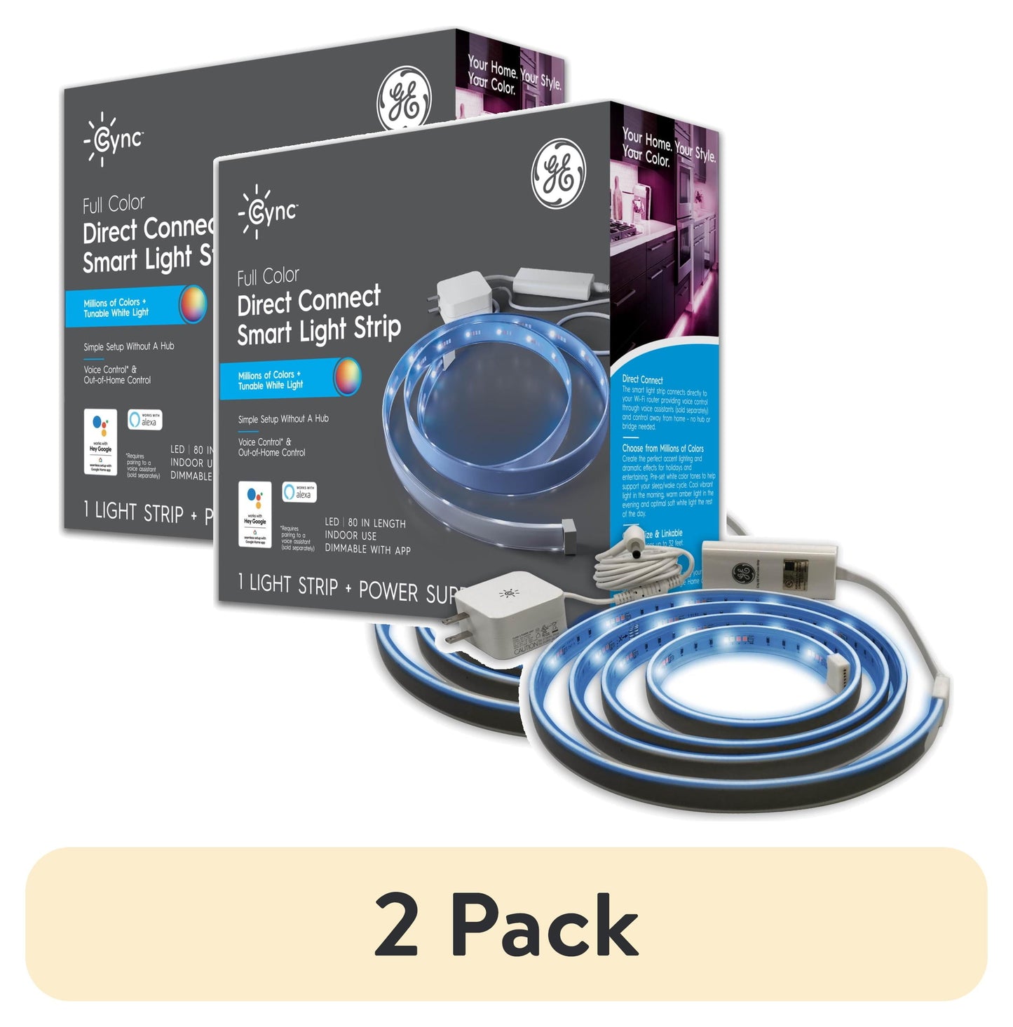 (2 pack) GE Cync Tira de Luz LED Inteligente, Cambio de Color, con Bluetooth y Wiâ€‘Fi, 80 Pulgadas