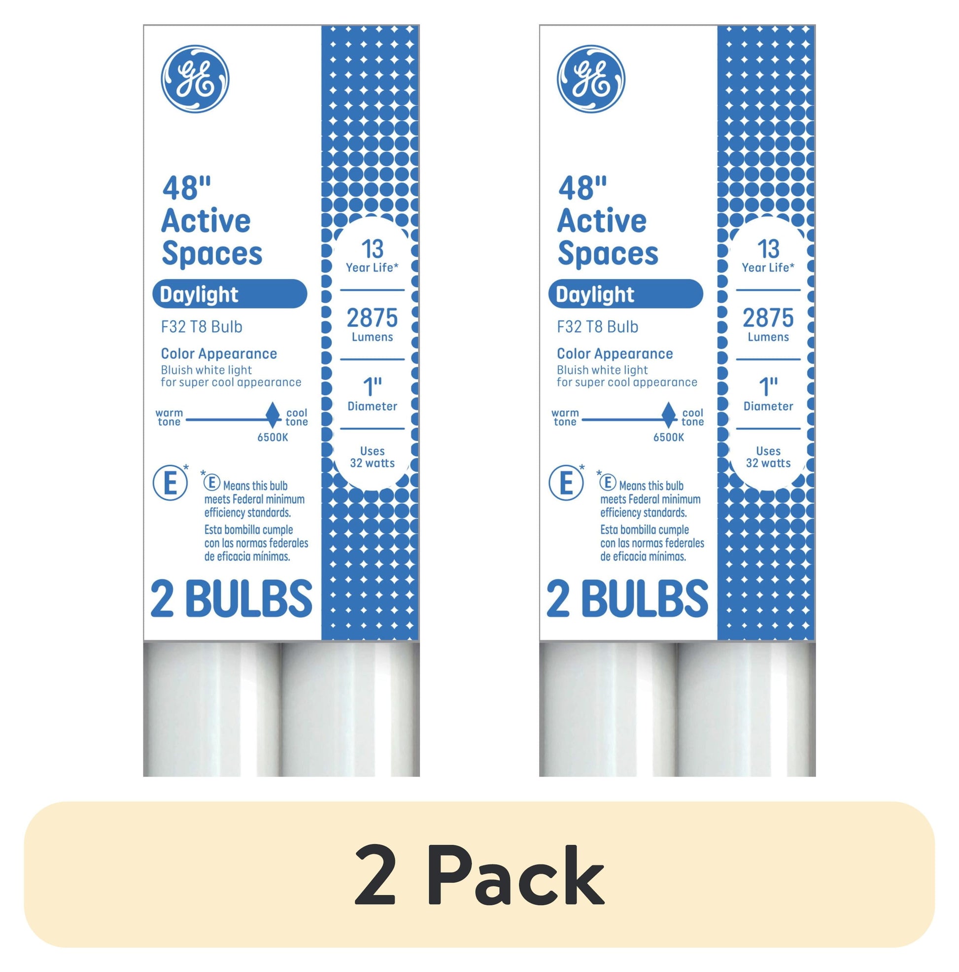 GE 32 Watt T8 Daylight Fluorescent Tube Light Bulbs, 48 Inch, G13 Base, 2 Pack