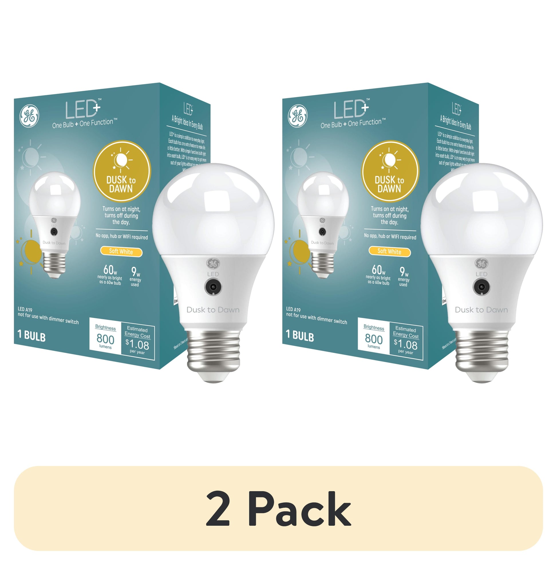(2 pack) GE LED+ A19 Dusk to Dawn LED Light Bulbs, Security Lights, 60 Watt Replacement, Soft White