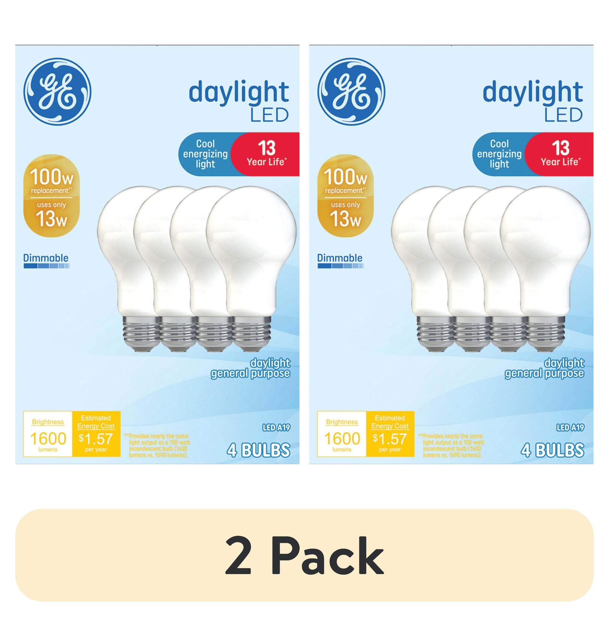 (2 pack) GE LED Light Bulbs, 100 Watt, Daylight, A19 Bulbs, Medium Base, Frosted Finish, 13yr, 4pk