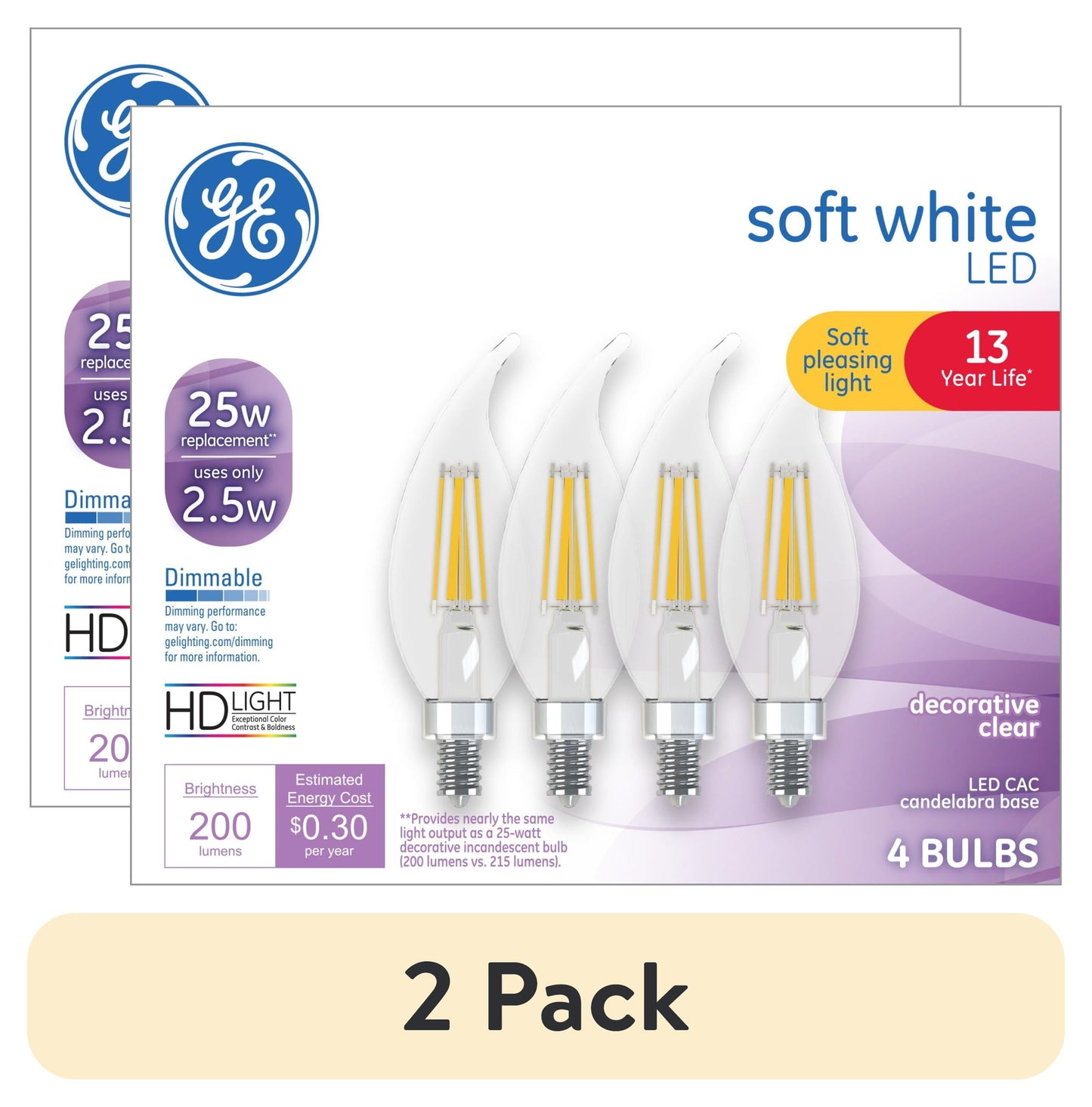 (2 pack) GE LED, Light Bulbs, 25 Watt, Soft White, CA11 Bulbs, Small Base, 13yr, 4pk