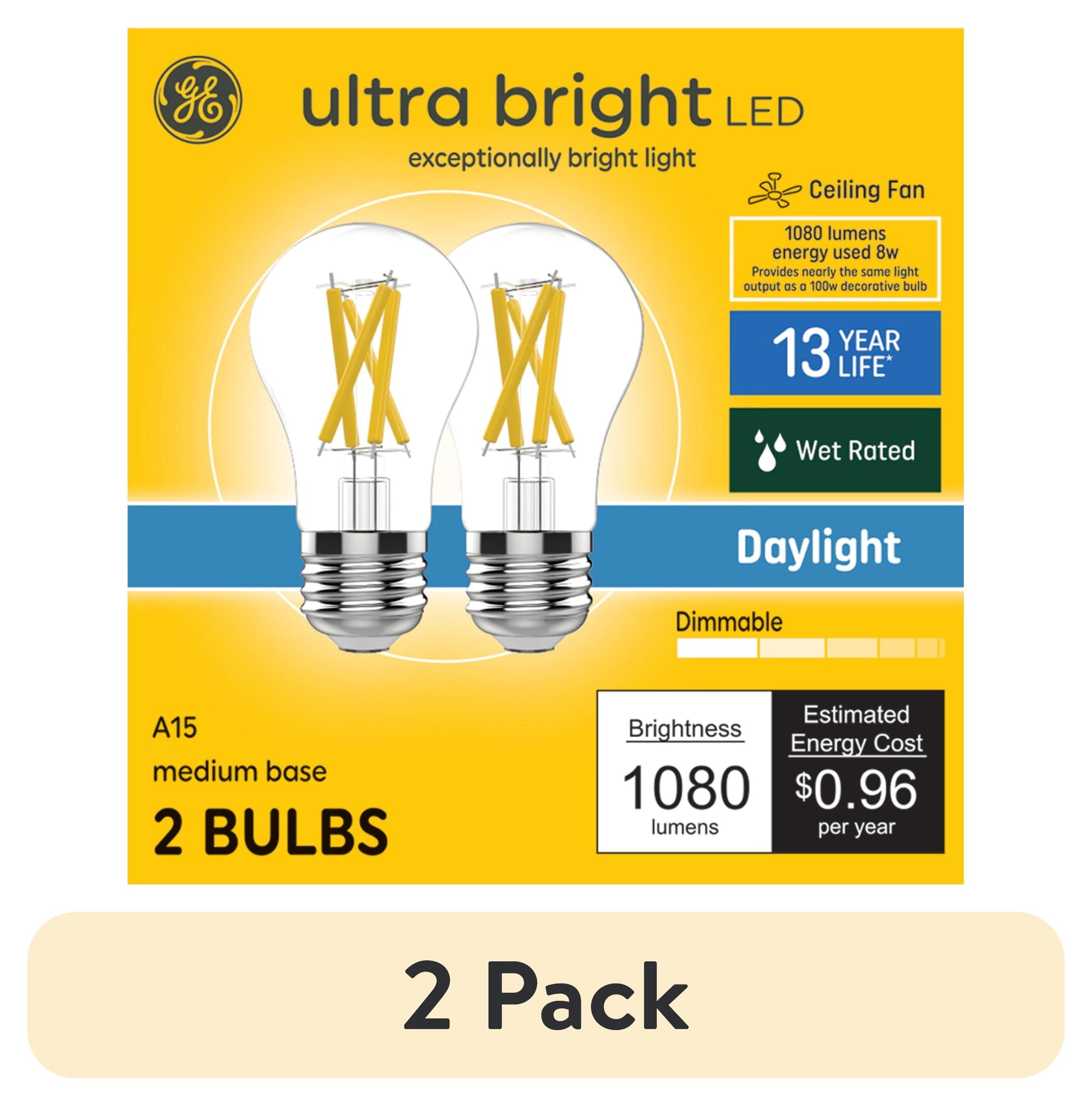 (2 pack) GE Ultra Bright LED 100 Watt Replacement, Daylight, A15 Ceiling Fan Bulbs (2 Pack)