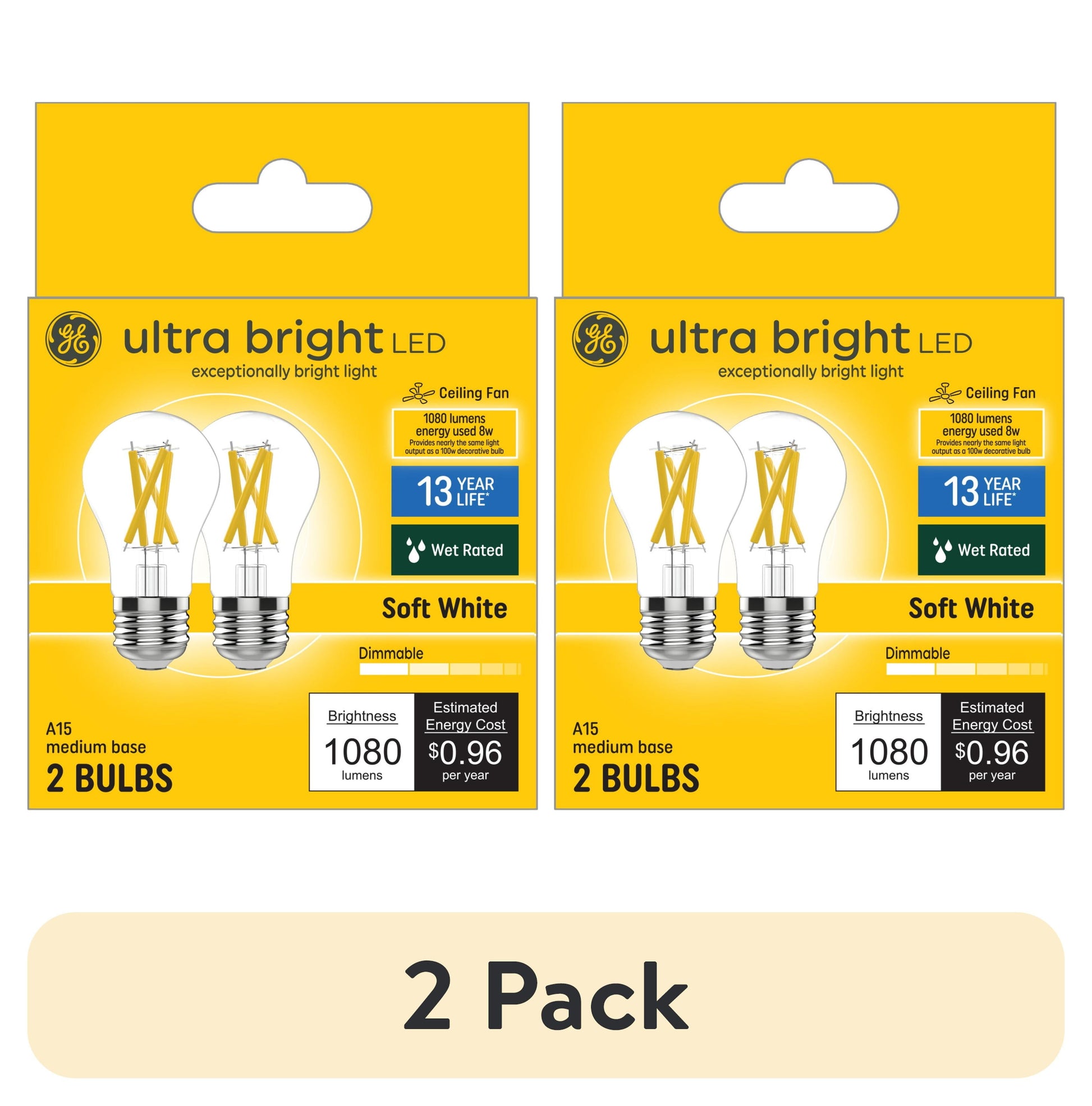 (2 pack) GE Ultra Bright LED Light Bulbs, 100 Watt, Soft White, A15 Ceiling Fan Bulbs, Medium Base, Clear Finish, 2pk