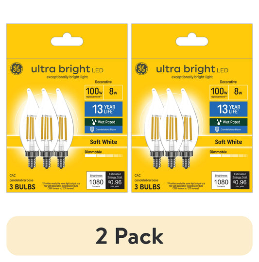 (2 pack) GE Ultra Bright LED Light Bulbs, 100 Watt, Soft White, CA12 Small Base, Clear Finish, 3pk
