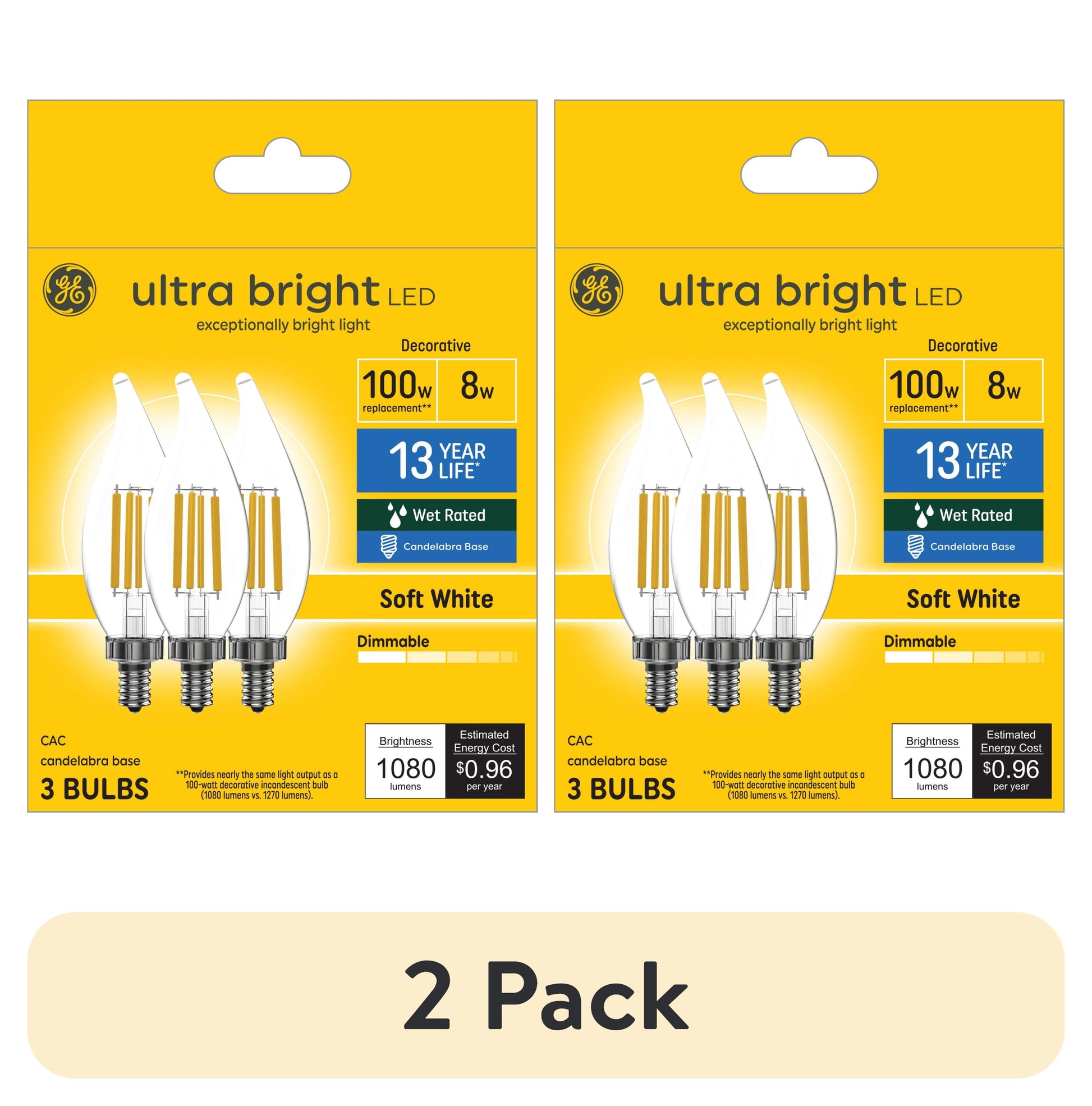 GE Ultra Bright LED Light Bulbs, 100 Watt, Soft White, CA12 Small Base, Clear Finish, 3pk