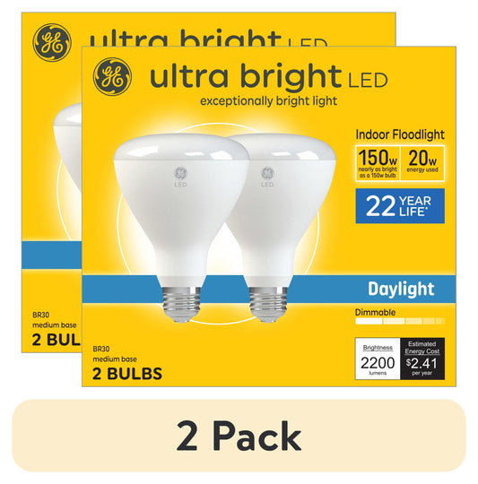 (2 pack) GE Ultra Bright LED Light Bulbs, 150 Watt, Daylight, BR30 Floodlights, Medium Base, Frosted Finish, 2pk