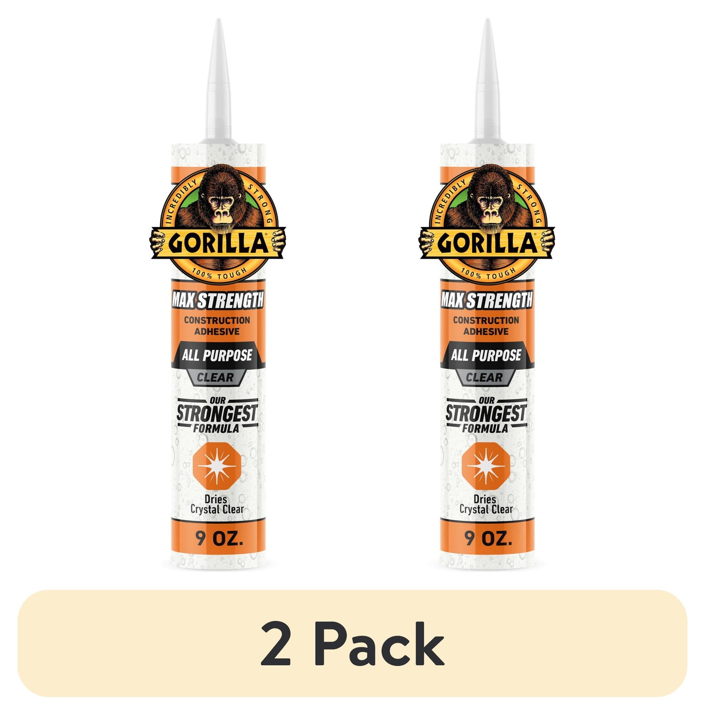 (2 pack) Gorilla Glue Clear Max Strength Construction Adhesive, 9 Ounce Size Cartridge, 1 Count. Model 8212302