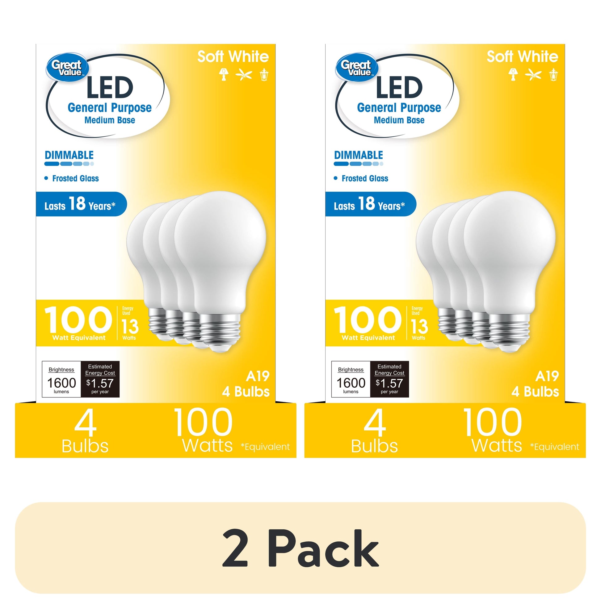 (2 pack) Great Value A19 LED 13W (100W Equivalent) Soft White E26 Medium Base General Purpose Light Bulbs, Dimmable, 4 Pack