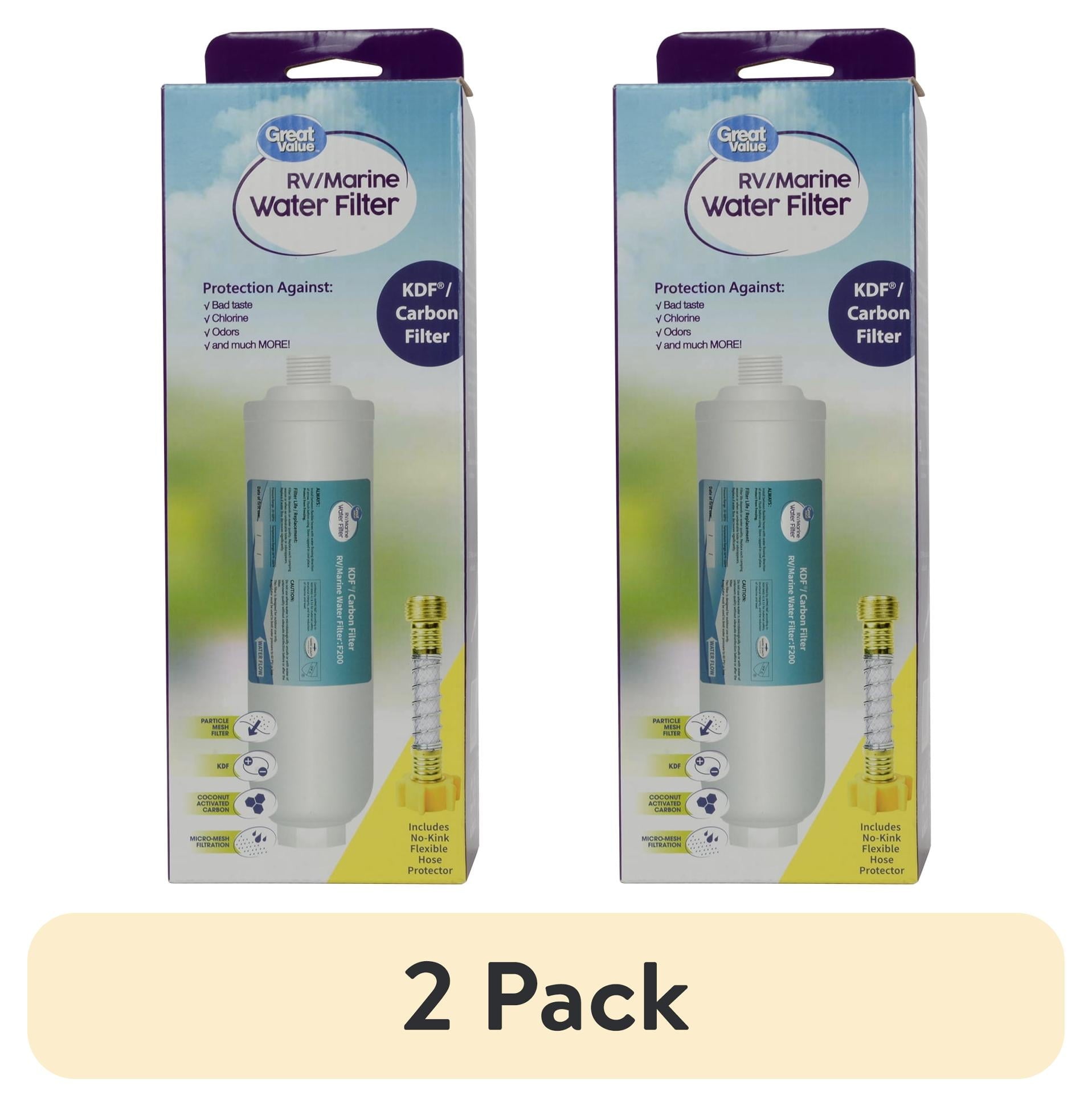 (2 pack) Great Value RV Water Filter 1 Pack, With Flexible Hose, F200, Activated Carbon ,KDF, White