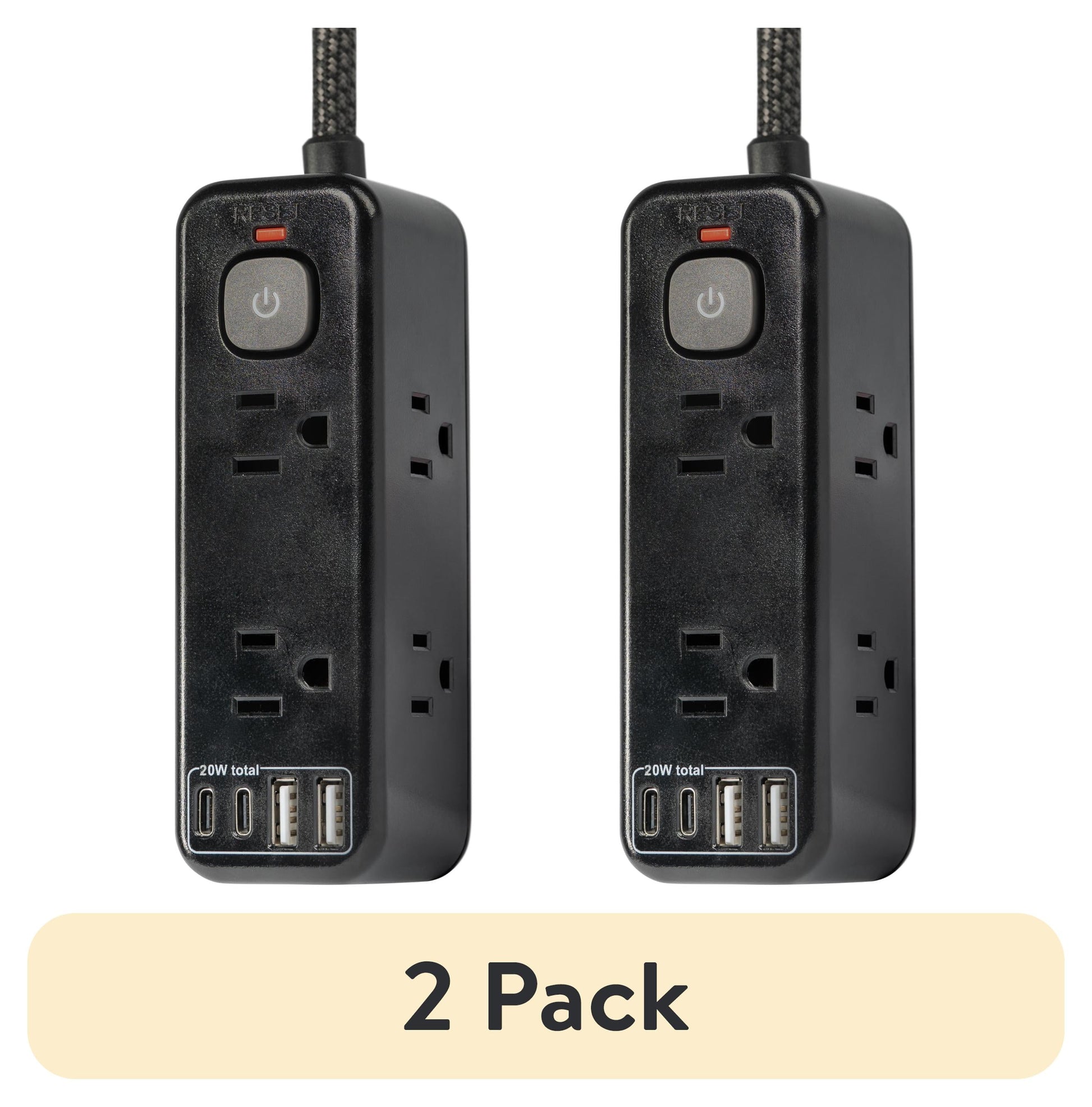 (2 pack) Hyper Tough USB Power Strip, 3ft Extension Cord, 6 Outlet, USB-A, USB-C, 900J Surge Protector, Black