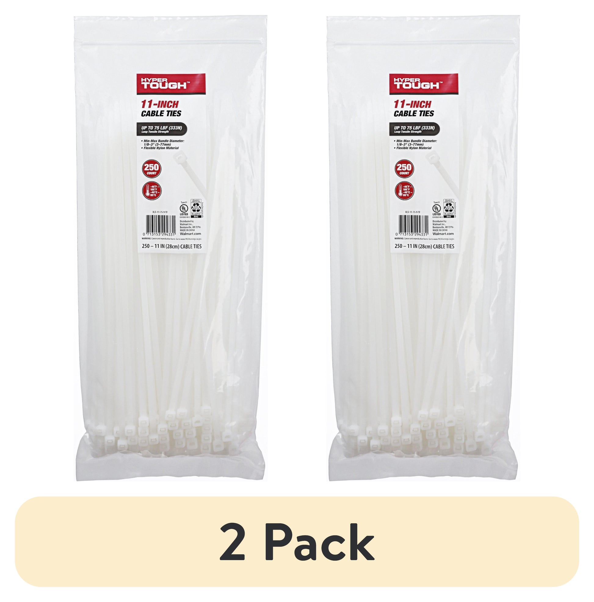 (2 pack) Hyper Tough 11inch Cable Tie Natural 250Pcs