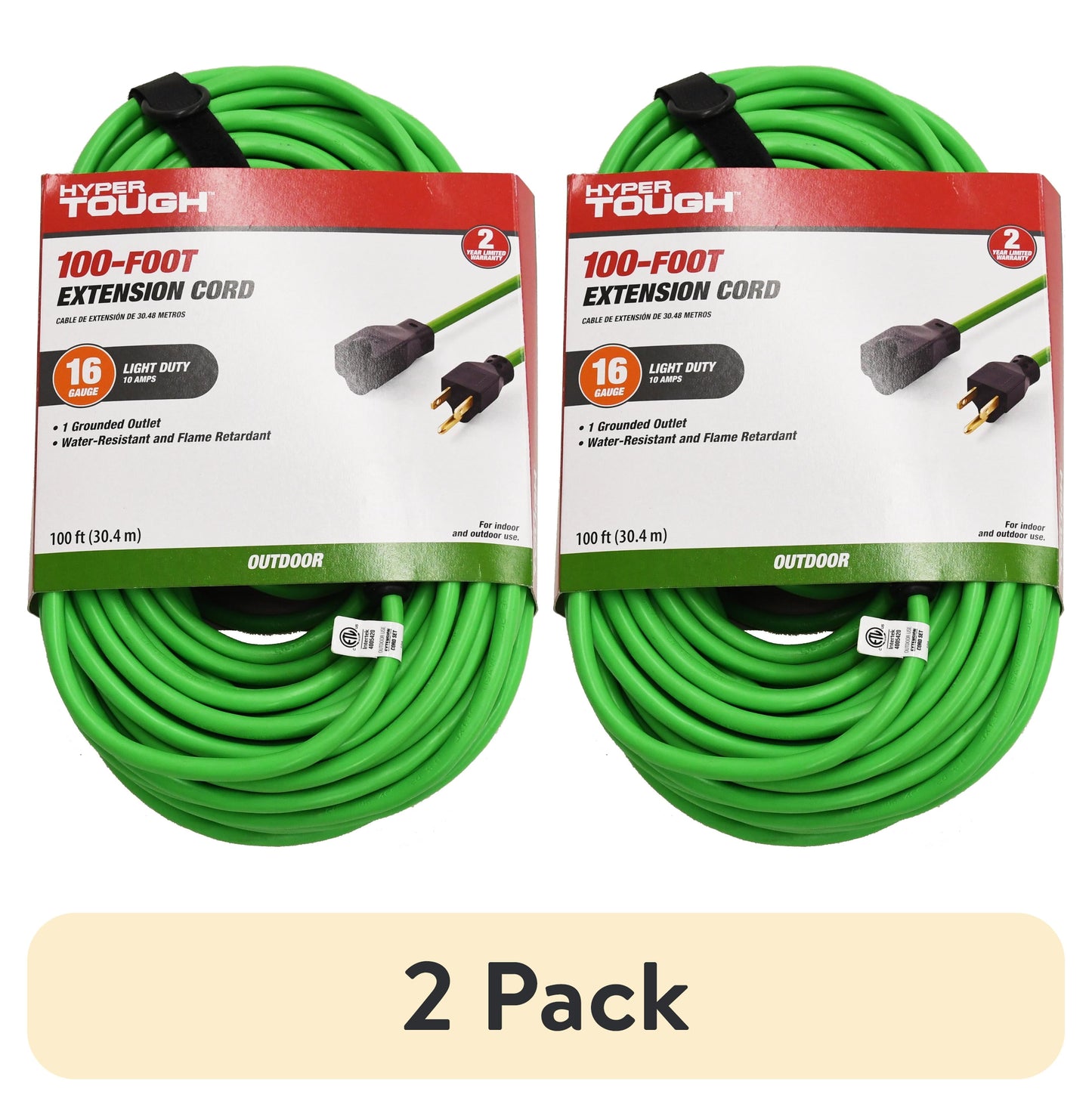 (2 pack) Hyper Tough 16AWGX3C 100ft Indoor and Outdoor Light Duty High Visibility Green Vinyl Extension Cord