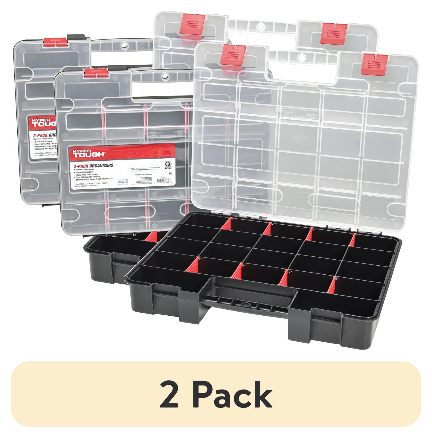 (2 pack) Hyper Tough 2-Pack Organizer, Stackable Plastic with 8 Movable Dividers, 93512638