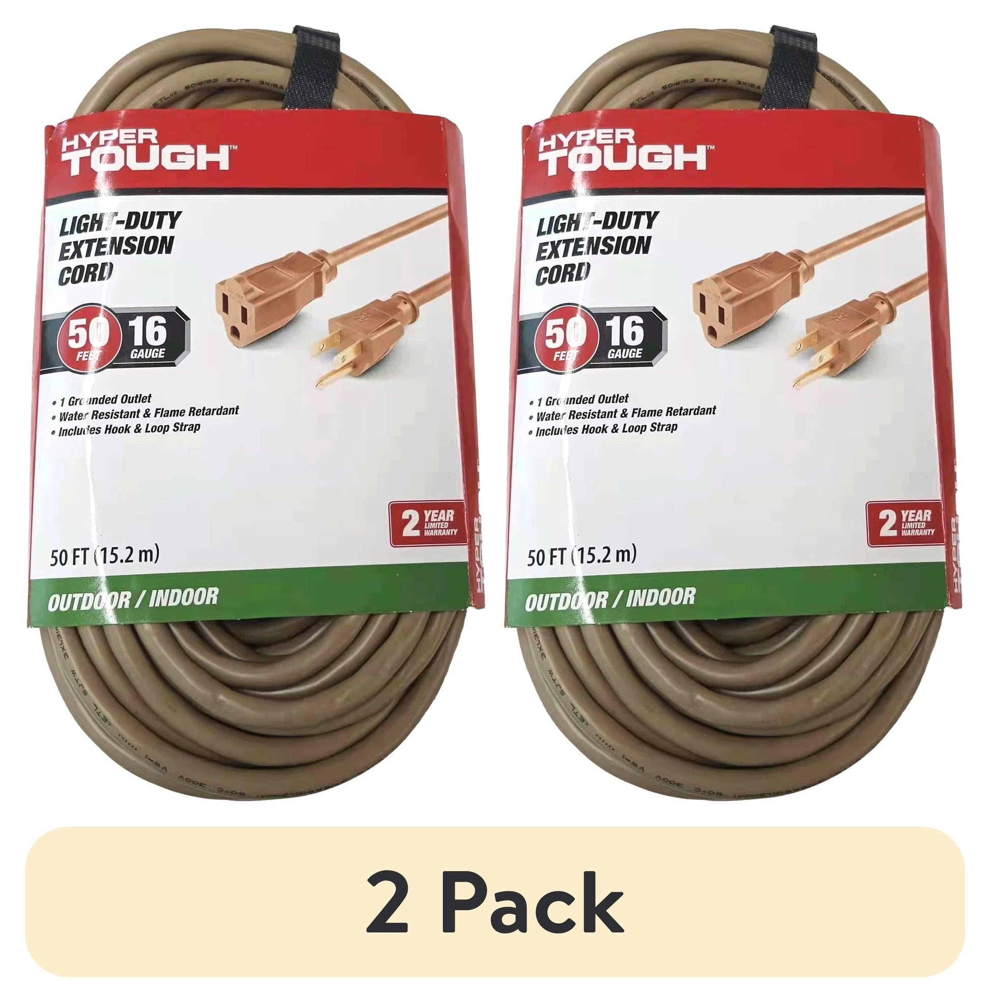 (2 pack) Hyper Tough 50FT 16AWG 3 Prong Tan Outdoor Extension Cord, 125V, 13A