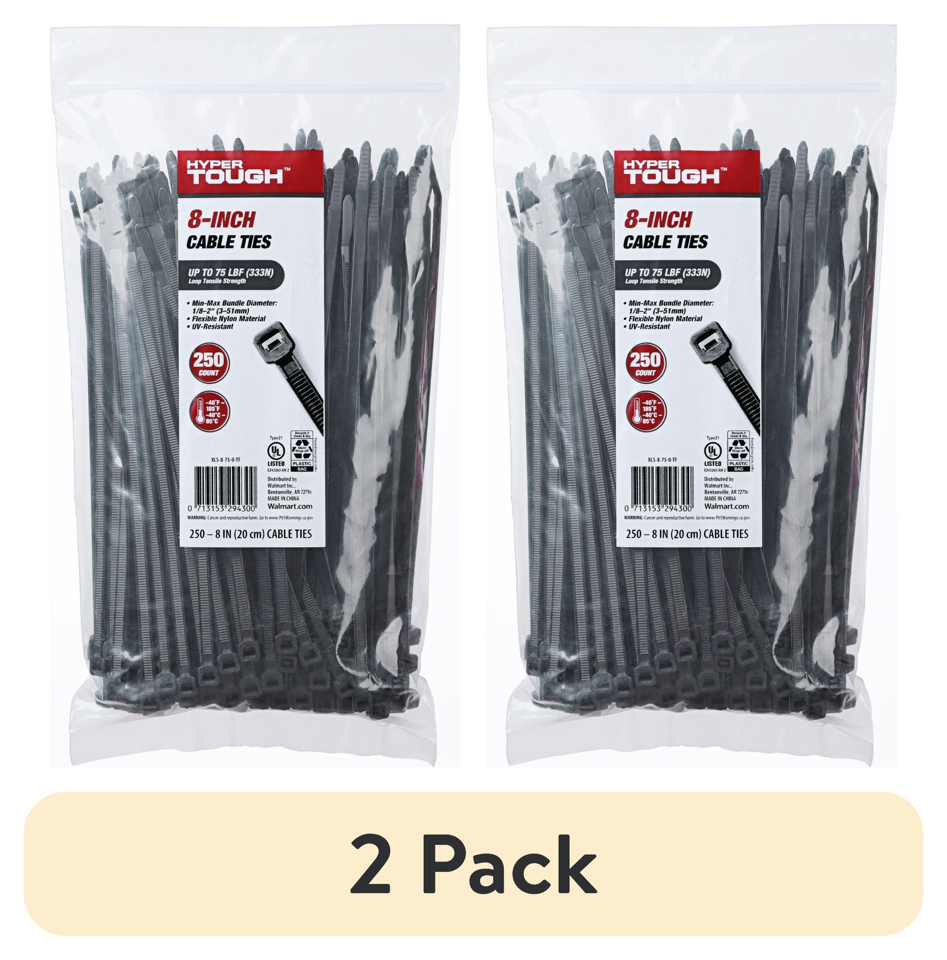 (2 pack) Hyper Tough 8inch Cable Tie Uv Black 250Pcs