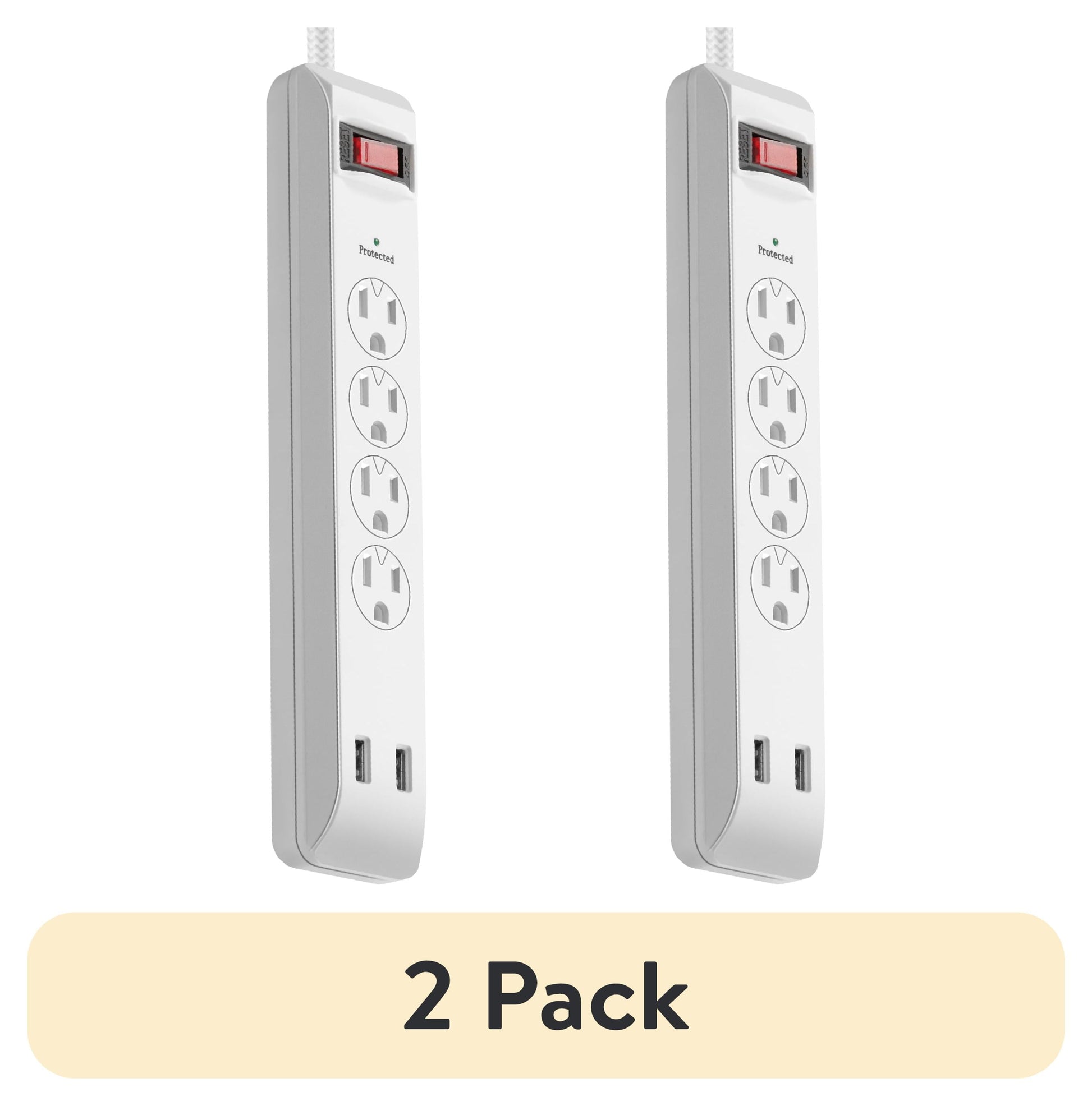(2 pack) Hyper Tough Surge Protector Power Strip with USB, 4 Outlets, 10 ft Braided Extension Cord, White