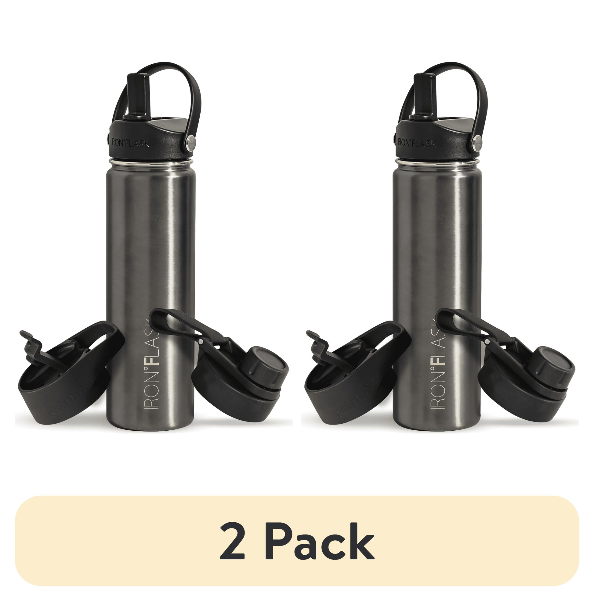 (2 pack) Iron Flask Stainless Steel Water Bottle 22 oz Metallic Black with 3 Lids