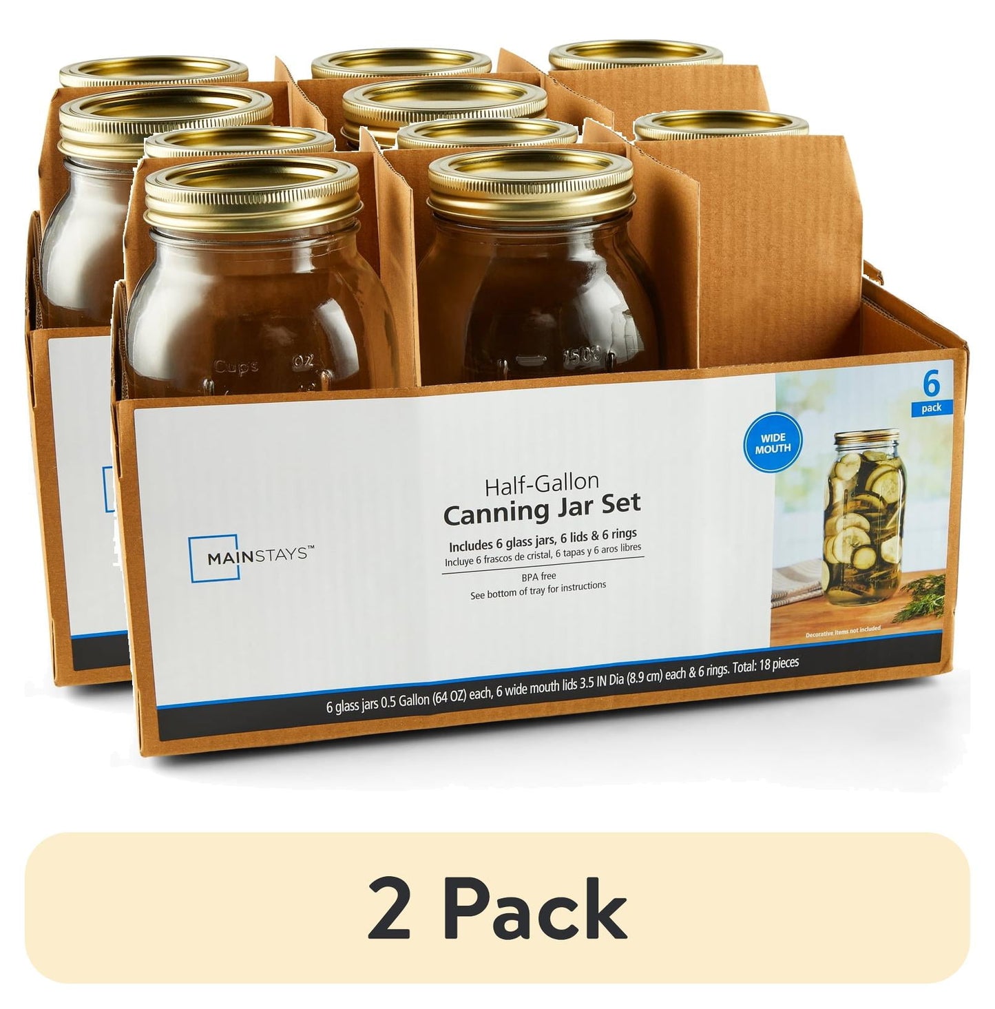 (Paquete de 2) Frascos Mason de 64 oz Mainstays, Frascos de Conservas de Medio GalÃ³n de Boca Ancha con Tapas y Anillos, Paquete de 6 Frascos de Vidrio Extra Grandes para Conservas en el Hogar y Almacenamiento en la Despensa
