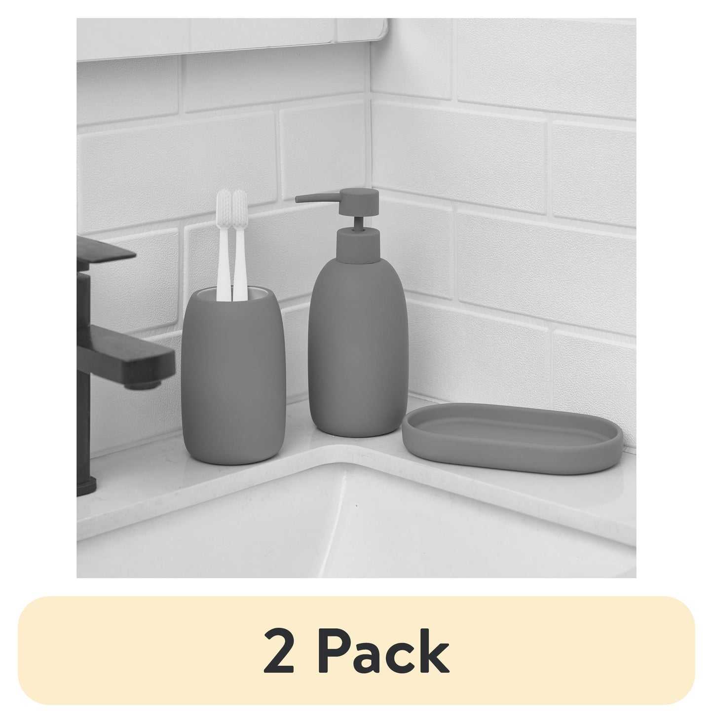 (2 pack) Mainstays Ceramic Stoneware Bath Accessories 3-Piece Set, Grey â€“ Soap Pump Dispenser, Tumbler, and Accessory Tray