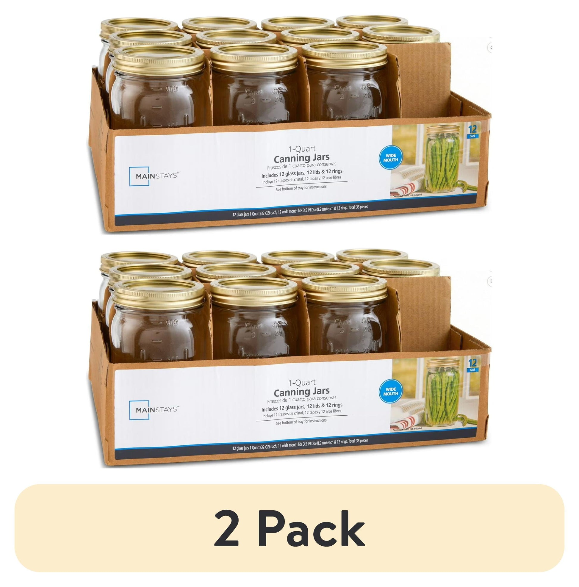 (2 pack) Mainstays 32 oz Mason Jars, Wide Mouth Quart Canning Jars with Lids and Rings, 12-Pack Large Glass Jars for Home Canning and Fermenting