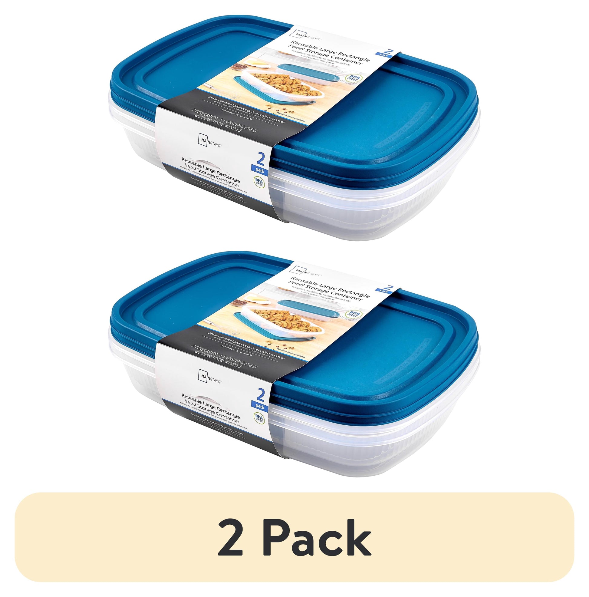 Mainstays Reusable Food Storage Containers, Large Rectangle, Plastic, 2 Pack â€“ 2 Containers with Lids, 1.5 Gallons,Ideal for Meal Planning
