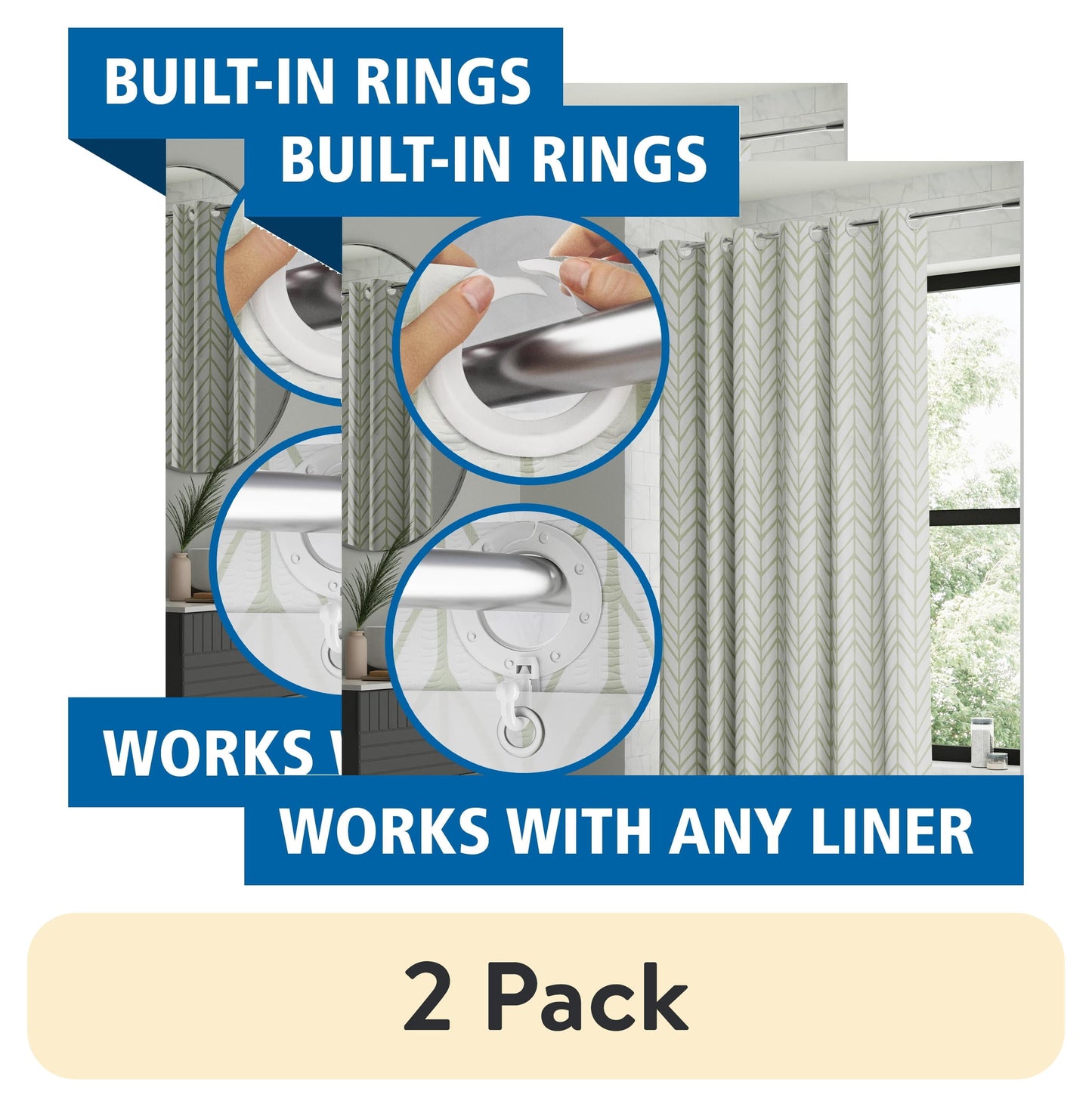 (2 pack) Mainstays Willcrest Easy Hang Hookless Fabric Shower Curtain, 70" x 74", Sage Green