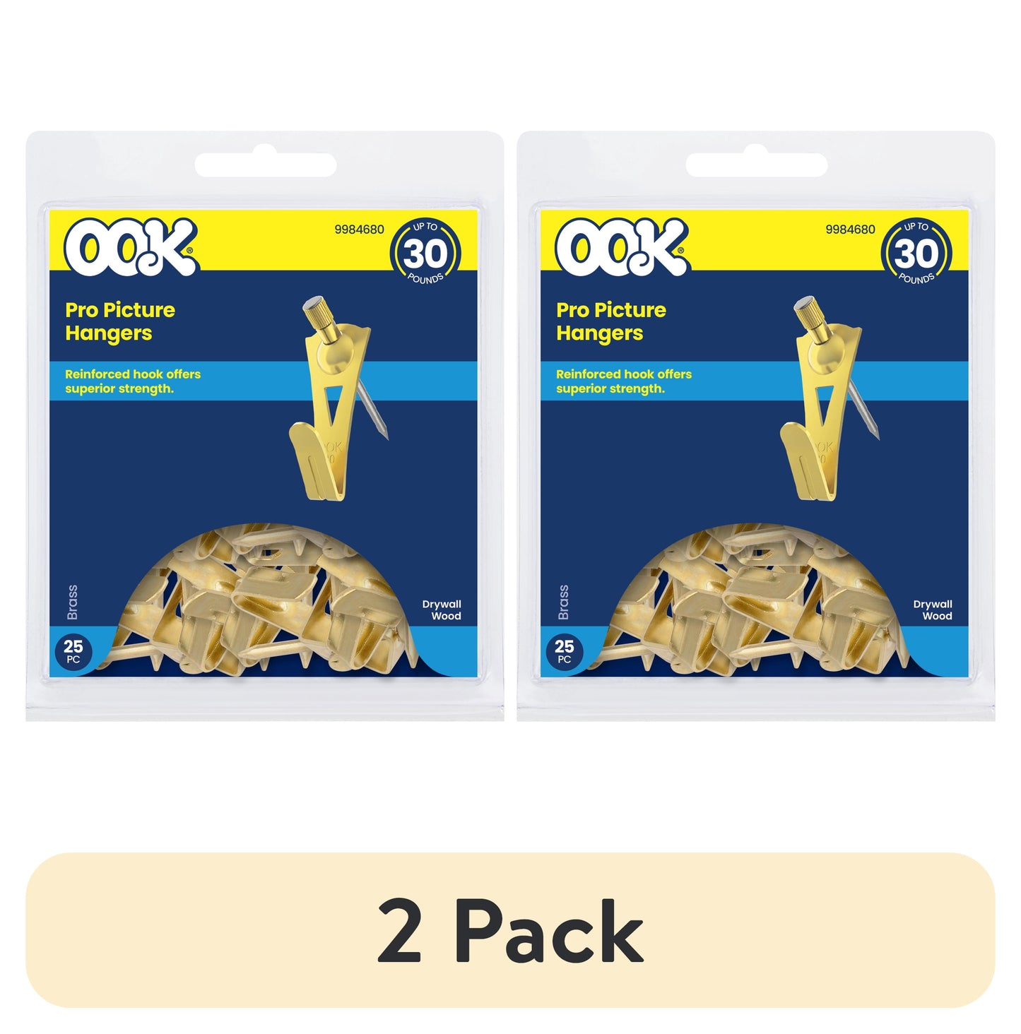 (2 pack) Ook Professional Picture Hangers, 30 lbs, Steel, for Drywall Wood, Brass, Gold, 25 pack