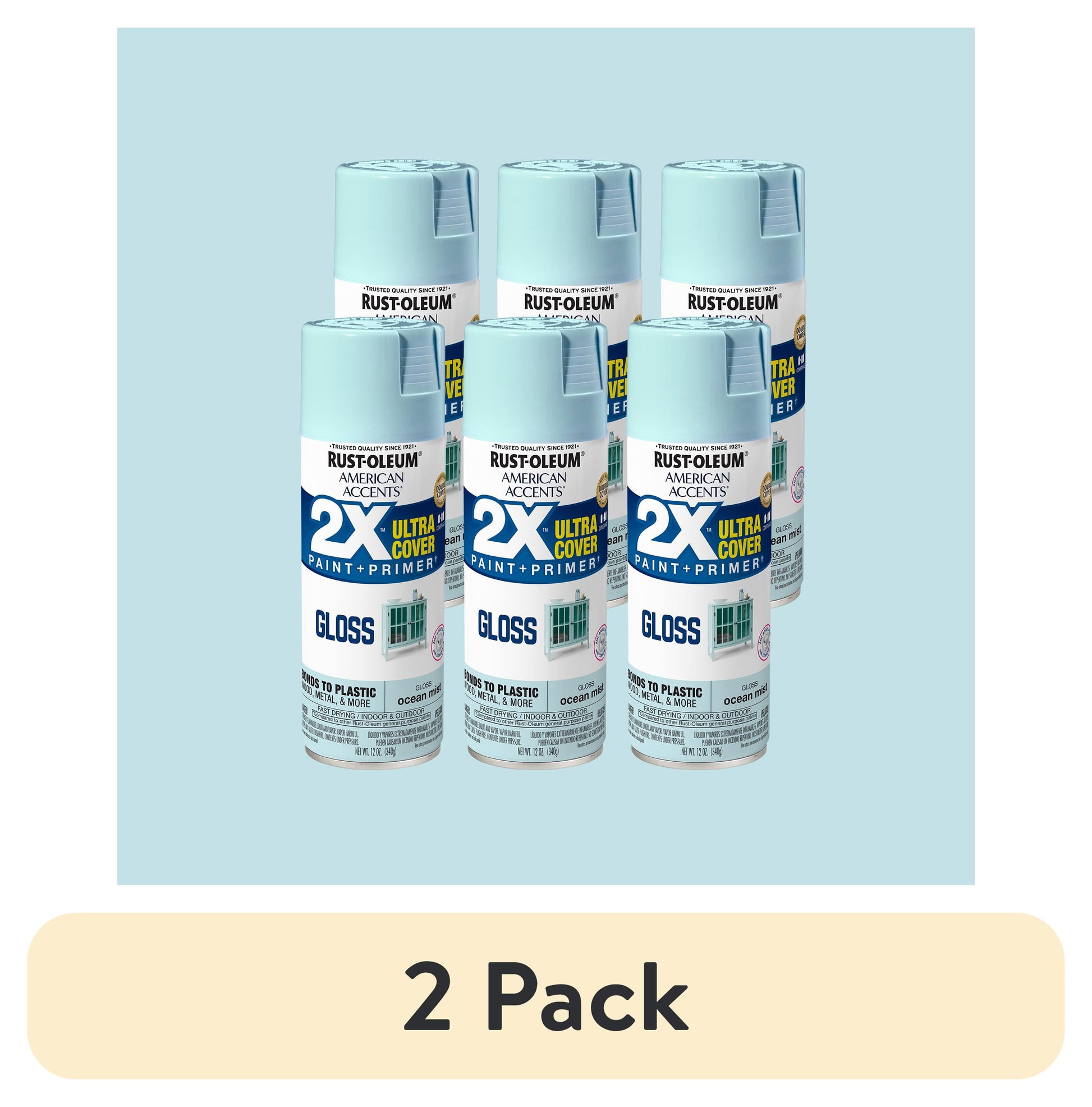 (2 pack) 6 Pack, Ocean Mist Rust-Oleum American Accents 2X Ultra Cover Gloss Spray Paint-327905, 12 oz