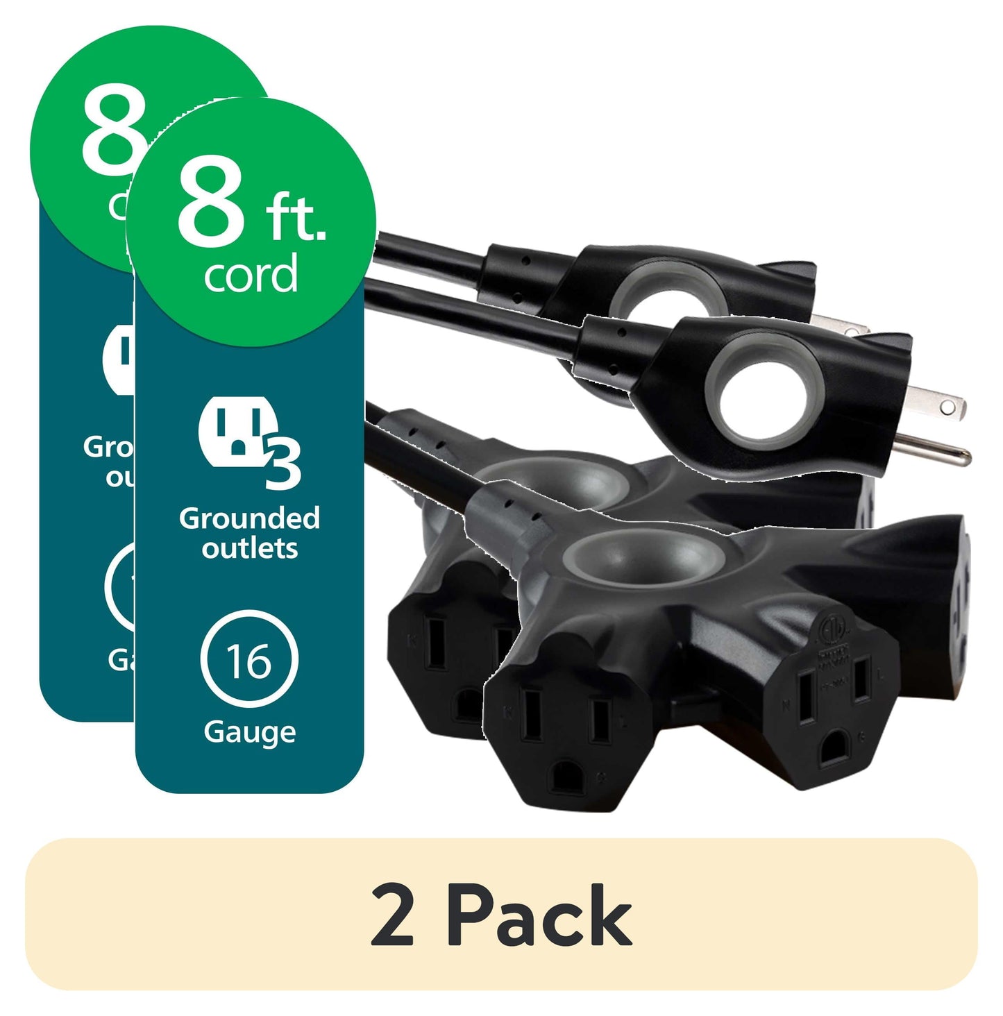 (2 pack) Philips EZGrip 8FT Black Extension Cord 3 Prong with Multiple Outlets Outdoor Indoor 16AWG