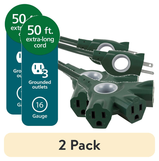 (2 pack) Philips EZGrip 50FT Green Outdoor Extension Cord  3 Prong with Multiple Outlets, 16AWG
