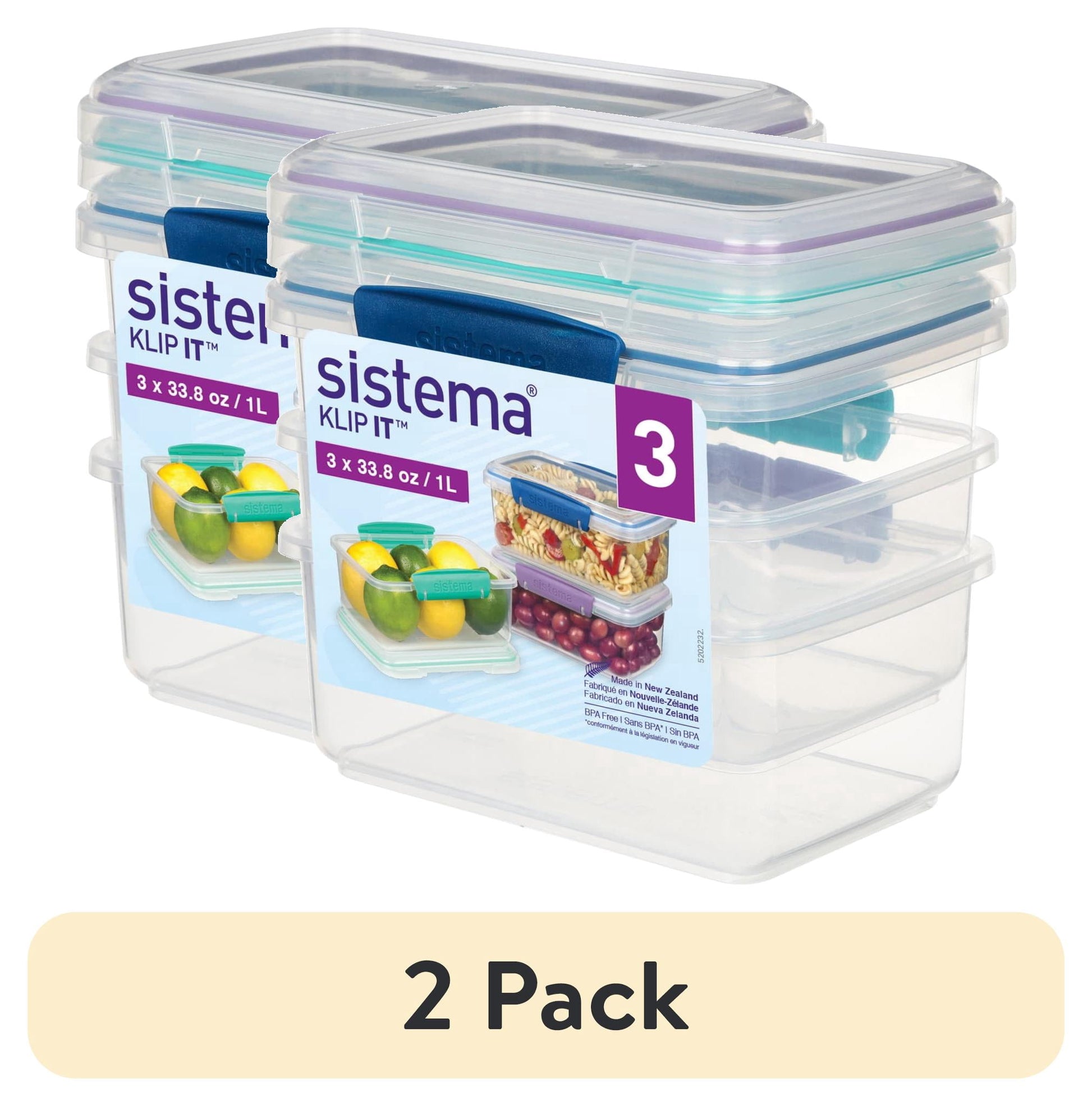 (2 pack) Sistema KLIP IT Food Storage Containers | 1 L | Stackable Food Prep Container with Airtight Lids | BPA-Free | Colourful Clips | 3 Count [81613-T]