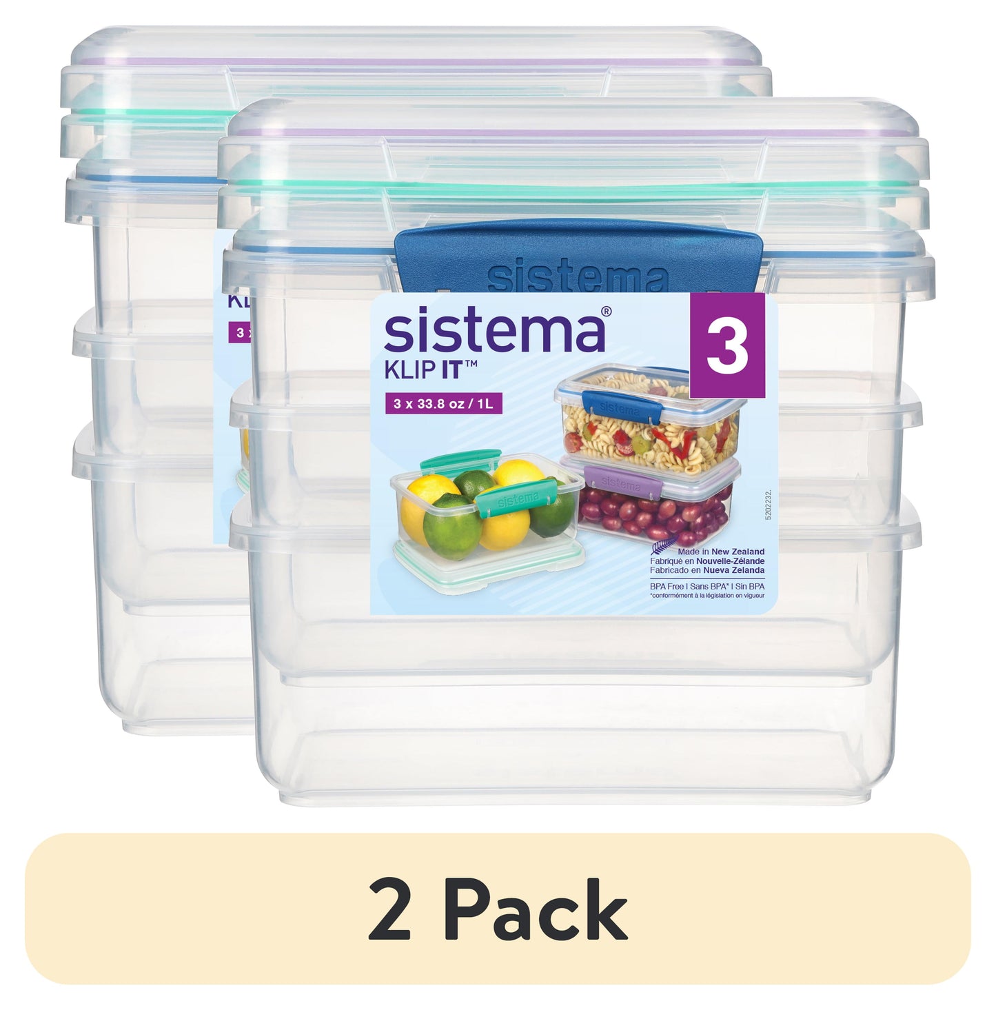 (Paquete de 2) Contenedores de Almacenamiento de Alimentos de PlÃ¡stico de 4.1 Tazas Sistema KLIP IT, Juego de 3