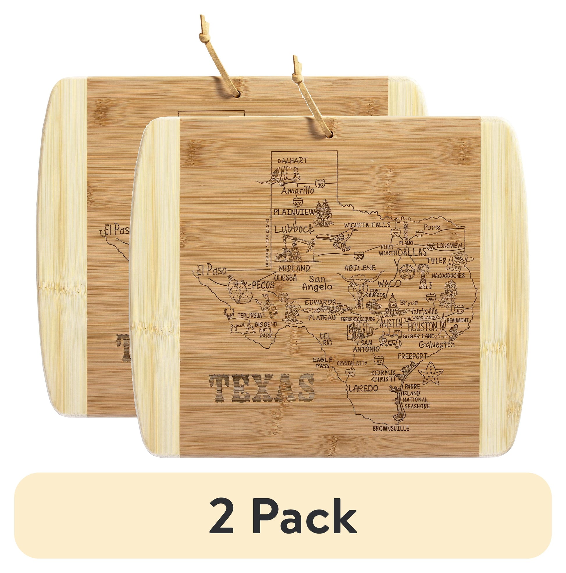 (2 pack) TB Home Texas State Bamboo Wood Cutting Board and Charcuterie Serving Platter, 13â€ x 11â€