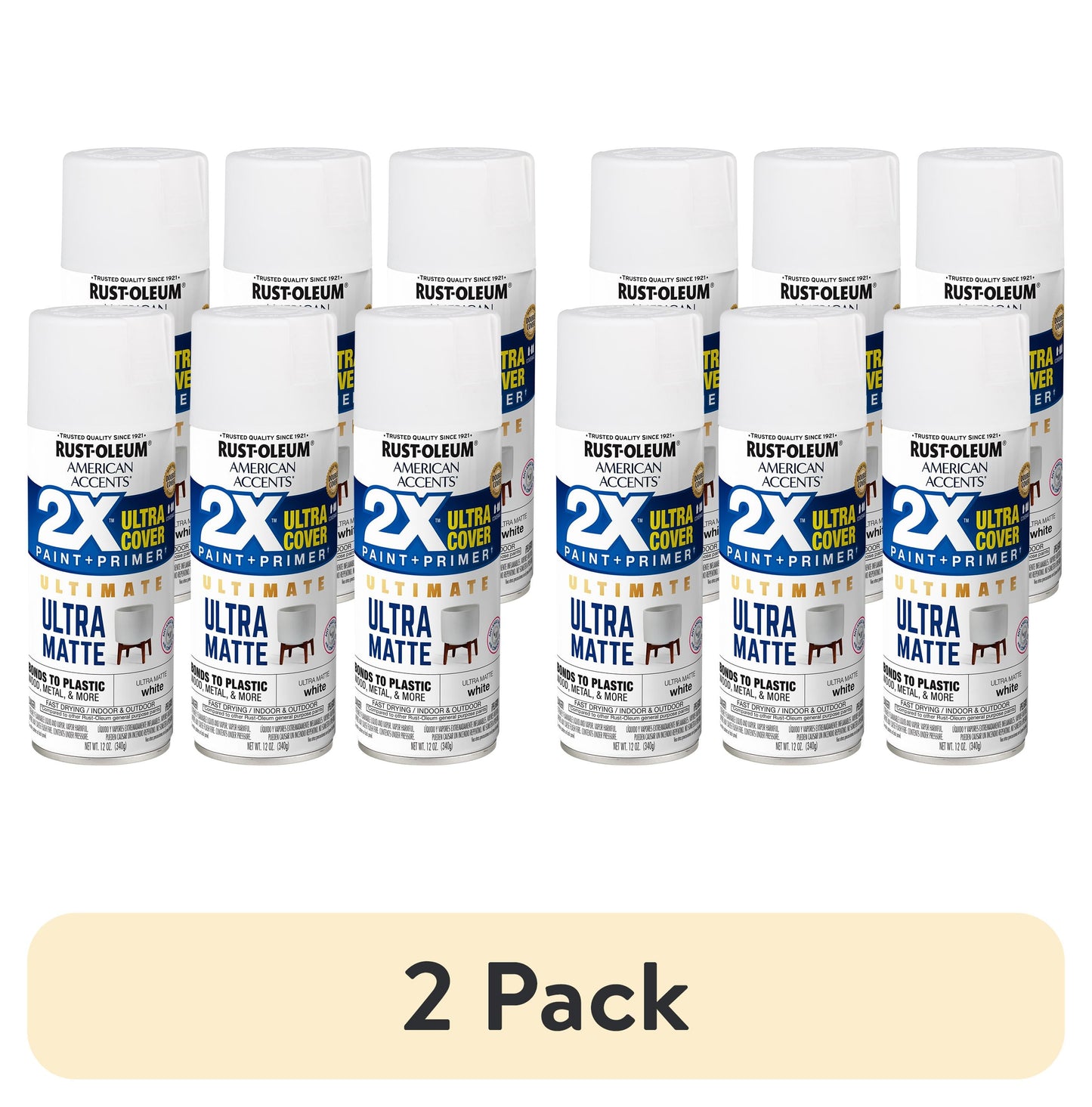 (2 pack) 6 Pack, White Rust-Oleum American Accents 2X Ultra Cover Matte Spray Paint-328391, 12 oz