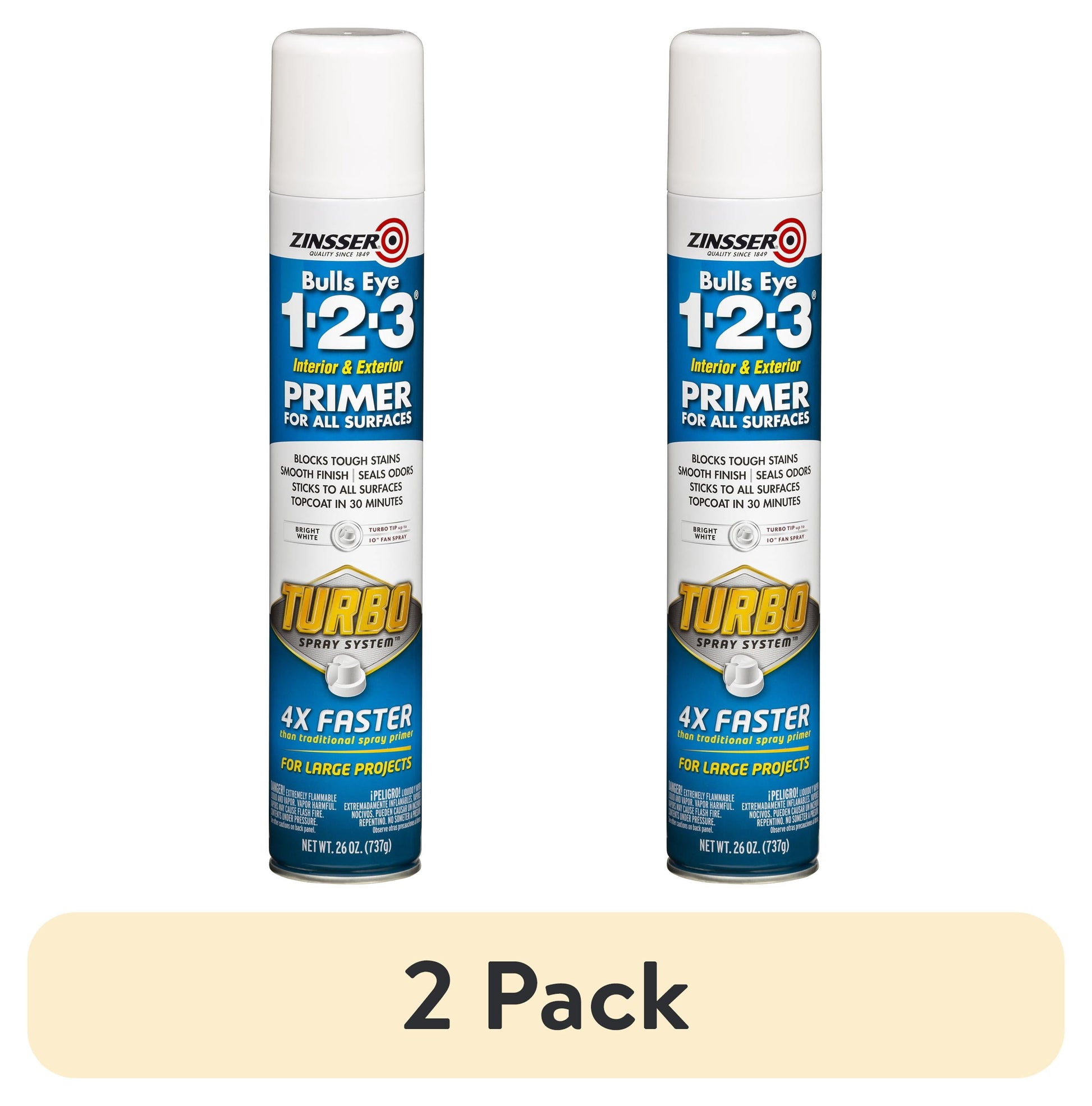 (2 pack) White, Zinsser Bulls Eye 1-2-3 Water-Based Primer Turbo Spray-343746, 26 oz
