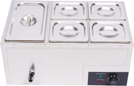 20.2QT 600W Commercial Electric Food Warmer, 5-Pan Steam Table Stainless Steel Bain Marie Buffet Countertop with Temp Control & Lid Food Warmer Buffet Server Heater for Catering Restaurant Party