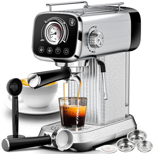 20 Bar Compact Espresso Machine with Milk Frother, Dual Shot Options, ESE Pod Compatibility, Temperature Display, Removable Water Tank for Cappuccino, Latte, & Macchiato at Home