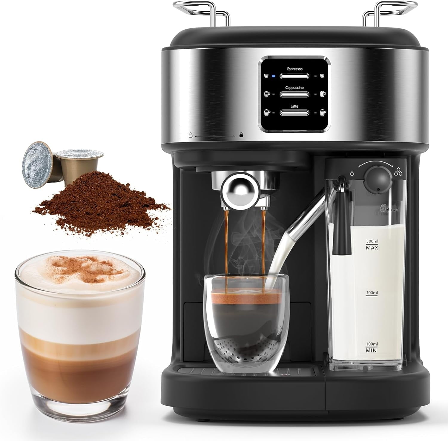 20 Bar Expresso Machines for Home, with 57oz Removable Water Tank, Cappuccino Machine with Automatic Milk Frother, Dual Boiler Latte Maker for Ground Coffee & Coffee Capsules