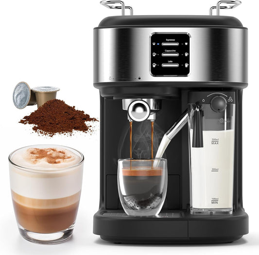 20 Bar Expresso Machines for Home, with 57oz Removable Water Tank, Cappuccino Machine with Automatic Milk Frother, Dual Boiler Latte Maker for Ground Coffee & Coffee Capsules