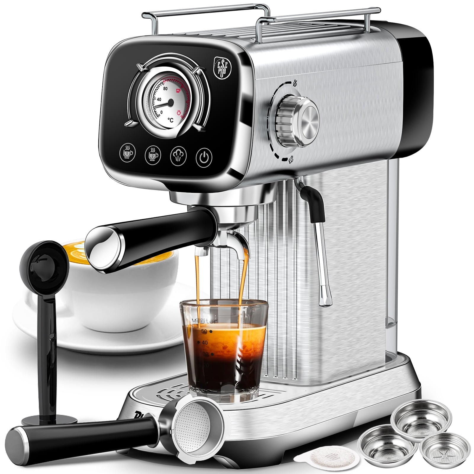 20 Bar Professional Espresso Machine with Milk Frother, Single & Double Shot, ESE Pod Compatible, Visual Display of Pressure, Removable Water Tank for Cappuccino, Latte, & Machiato for Home Barista
