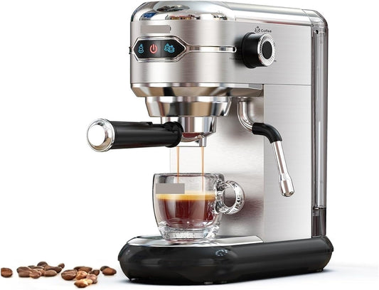 20 Bar Semi-Automatic Espresso Machine - Super Slim Inox Coffee Maker for ESE POD & Powder, Hot Water Function