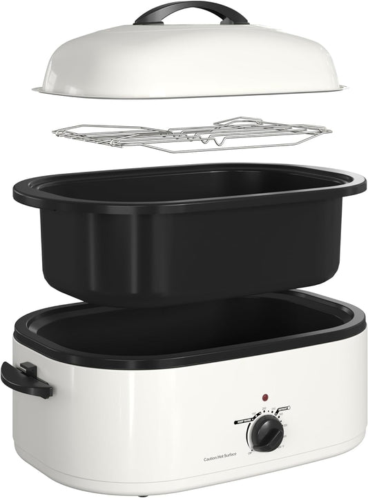 20 Quart Electric Roaster Oven with Self-basting Lid, Turkey Roaster Oven with Removable Pan and Rack, White