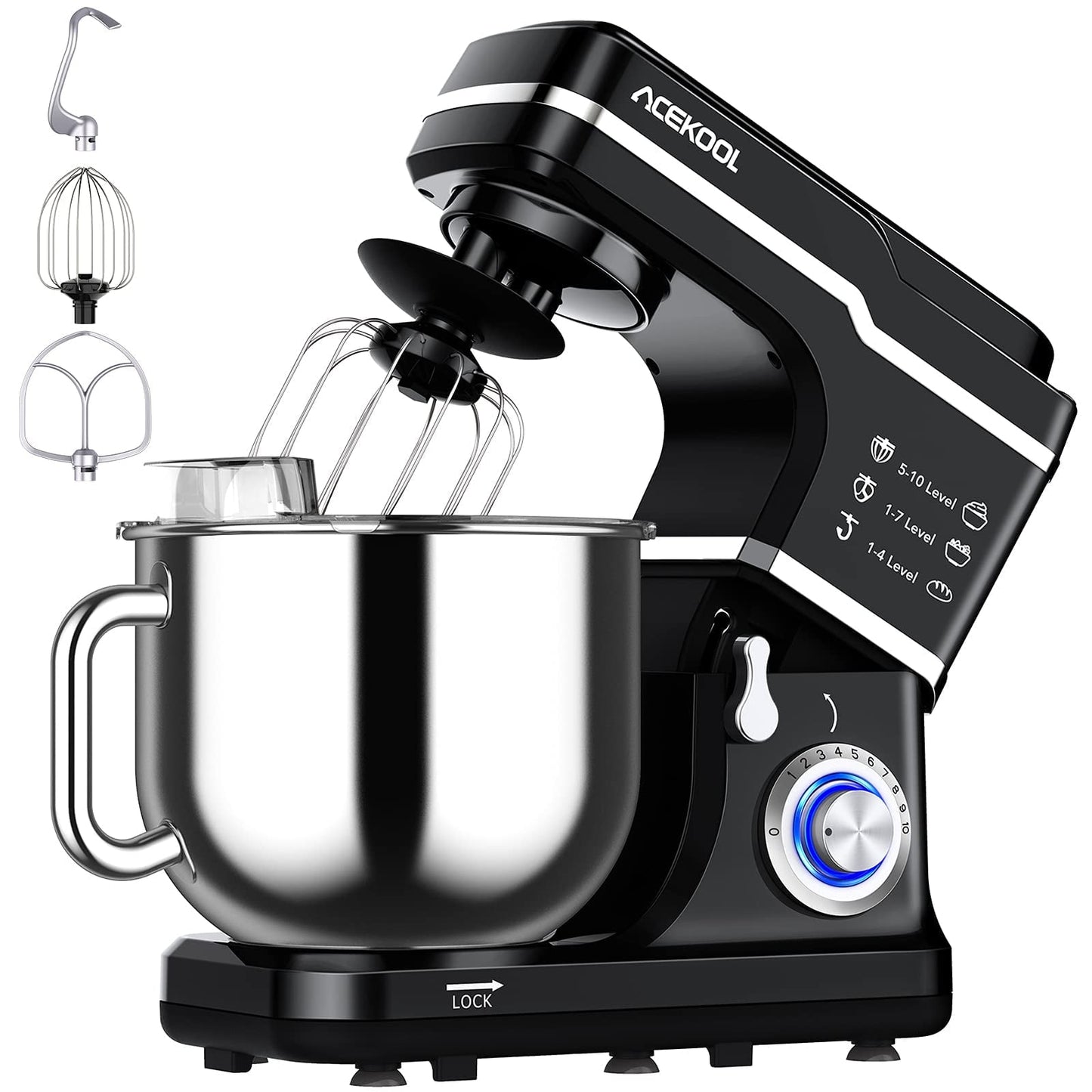 2024 New 7.5QT Stand Food Mixer, 10-Speed Tilt Head 3-IN-1 Kitchen Electric Mixer with Stainless Steel Bowl, Egg Whisk, Dough Hook, Beater, Splash Guard, Compact Dough Mixer for Home Cooks