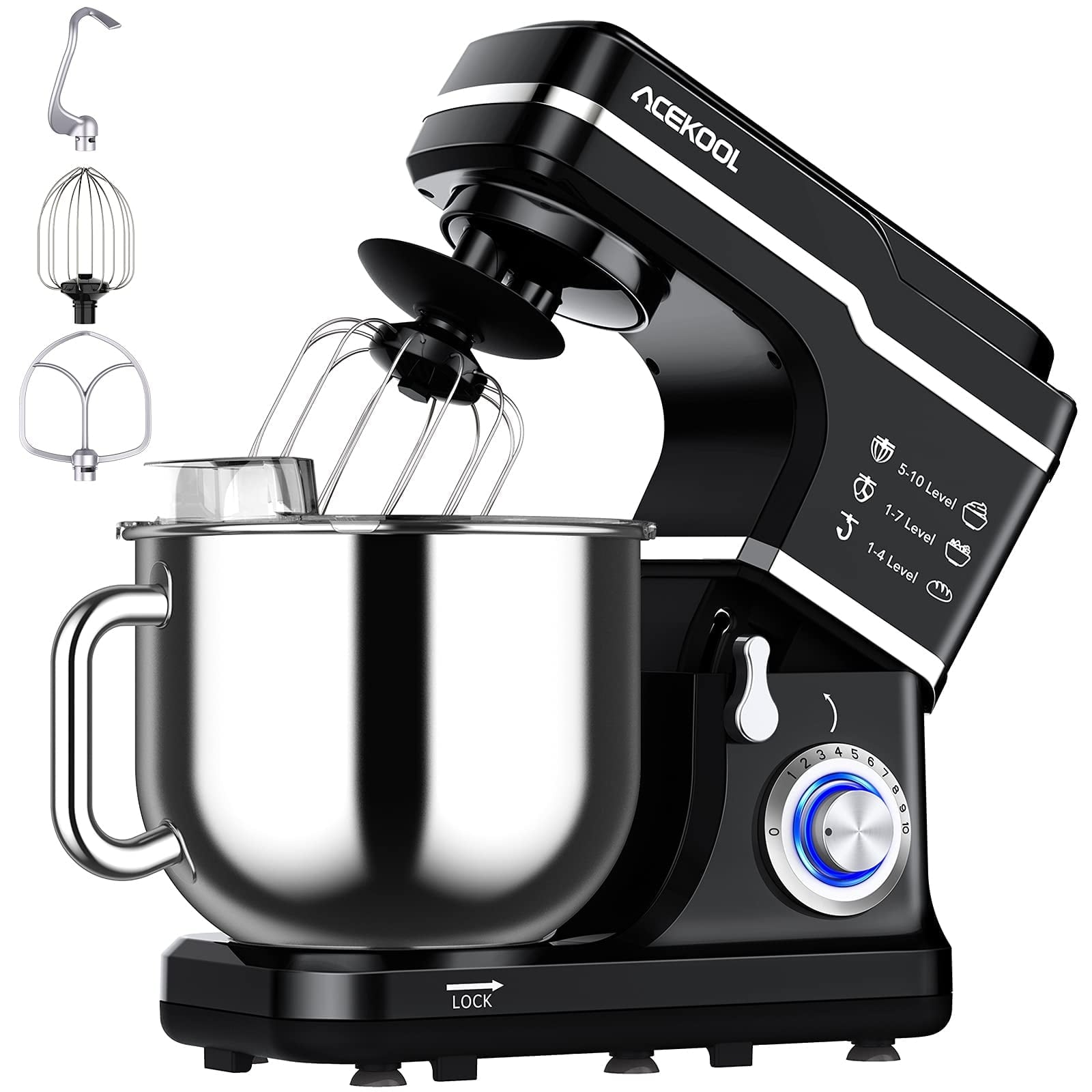 2024 New 7.5QT Stand Food Mixer, 10-Speed Tilt Head 3-IN-1 Kitchen Electric Mixer with Stainless Steel Bowl, Egg Whisk, Dough Hook, Beater, Splash Guard, Compact Dough Mixer for Home Cooks