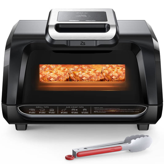 2024 New Air Fryer Combo Smokeless, Fast Heating, and 7-in-1 Functionality with See-Through Window, Non-Stick Removable Plates,Electric Grill up to 450°F Even Heat, Silicon Tongs, 4Qt, 1750W