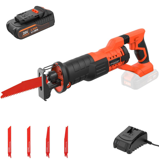 20V Cordless Reciprocating Saw, 0-2800rpm Variable Speed Power Reciprocating Saw, LED Light, Tool-Free Blade Change Reciprocating Saw Blades Kit for Wood/Metal/PVC Cutting