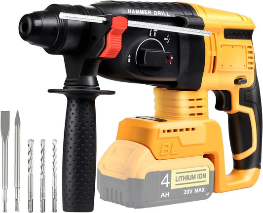 20V SDS-Plus Cordless Rotary Hammer Drill Compatible with Dewalt Battery(NO Battery), Brushless Motor,Safety Clutch,1200RPM,4 Functions with 5 Drills and Carrying Case for Concrete/Masonry/Wood/Metal