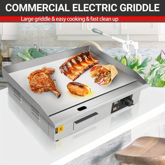 22" Electric Countertop Flat Top Griddle 1600W 110V, Commercial Electric Griddle, Non-Stick Restaurant Teppanyaki Grill, Stainless Steel Adjustable Temperature Control